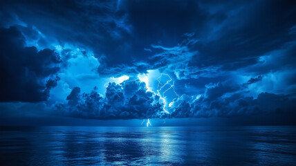 A dramatic night sky over the ocean, dark blue clouds rolling in. Thunder rumbles as streaks of lightning dance across the sky, reflecting on the water below. A sense of intensity and power (1)