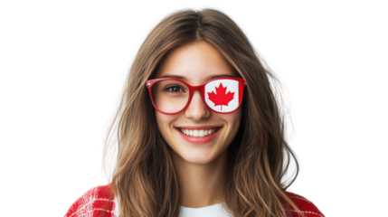 Smiling young woman wearing red glasses with a Canadian flag design celebrates Canada Day indoors