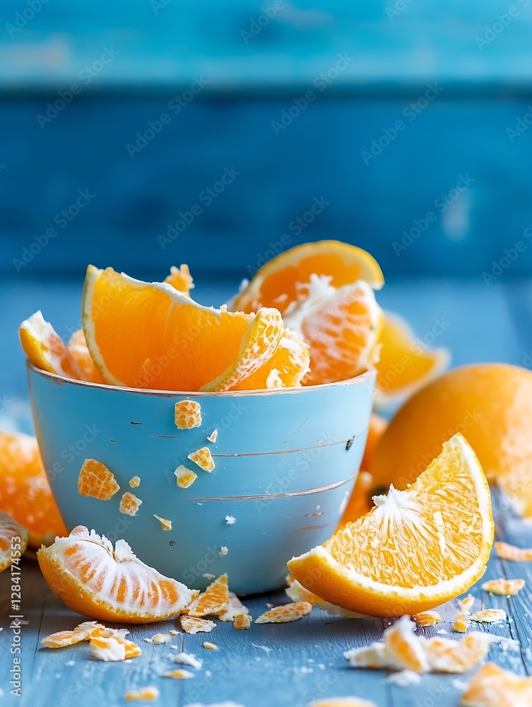 Poster vibrant and juicy orange segments in a bowl on a rustic wooden table with blue background : generati