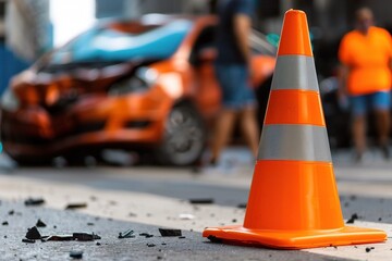 An orange traffic cone in focus, with an out-of-focus, damaged car in the background, creating a scene of an auto accident and emergency response. emergency response