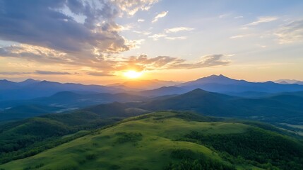 Fototapeta premium Stunning panoramic view of green hills during sunset with colorful sky : Generative AI
