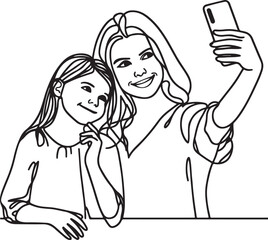 Elegant Line Drawing of Mother-Daughter Selfie