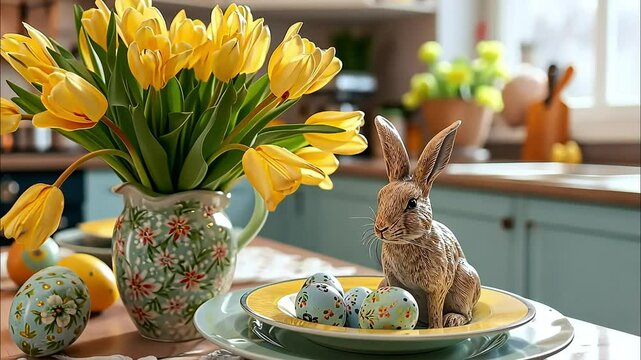Easter table setting decoration with tulips, rabbit and colored eggs