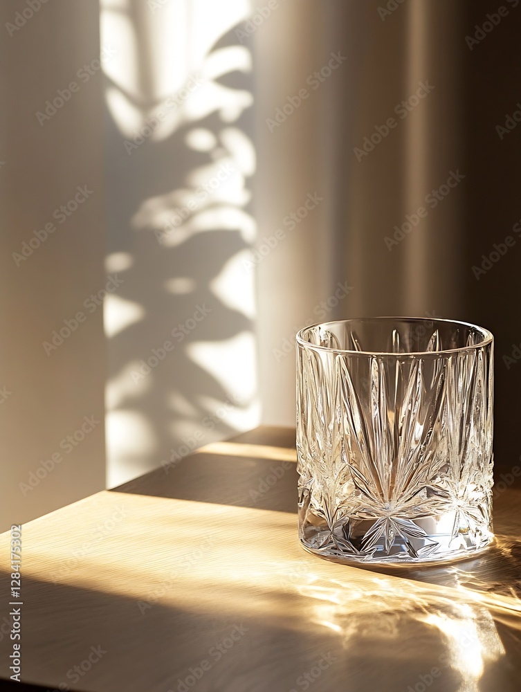 Poster elegant crystal glass placed on wooden table casting unique shadow patterns under sunlight : generat