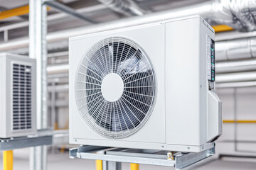 Fototapeta premium A modern air conditioning unit installed indoors, featuring a large fan and sleek design, part of a climate control system in a spacious environment.