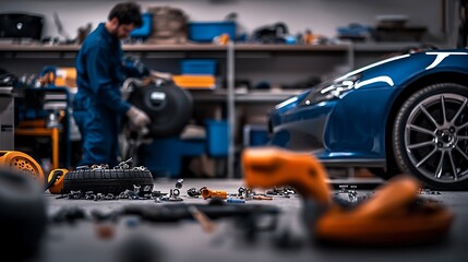 Obraz premium Mechanic working on a car in a cluttered workshop filled with tools and parts