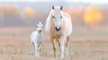 Obraz premium Palomino mare and foal walking, autumn field, sunset