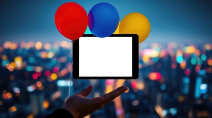 Tablet and Balloons against a cityscape background suggesting digital celebration or announcement concept