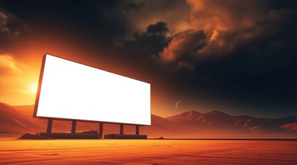 Blank billboard stands against dramatic sky, offering a striking canvas in a surreal landscape.