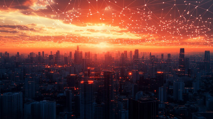 Fototapeta premium A futuristic city skyline at sunset with a fiery orange glow, where large digital constellations are projected into the sky, hinting at advanced science and magical tech (4)