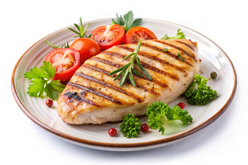 Grilled Chicken Breast: A beautifully presented grilled chicken breast on a ceramic plate, accompanied by fresh tomatoes, parsley, and herbs, showcasing a culinary delight.