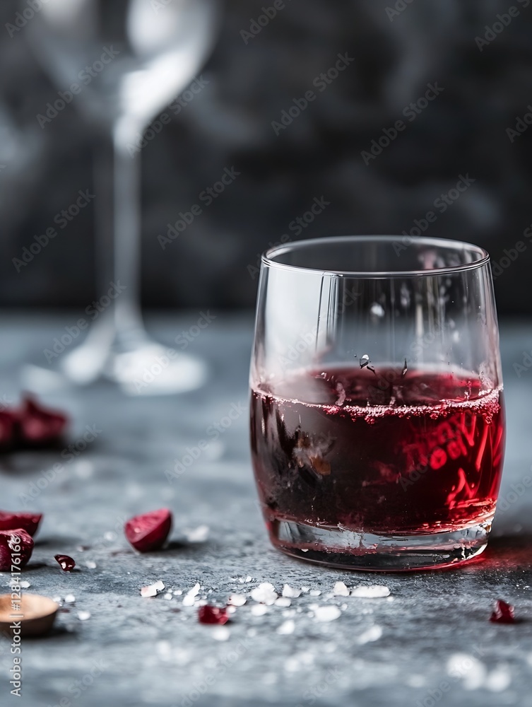 Poster chic glass of sparkling red drink on stone table with scattered garnishes : generative ai