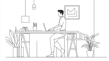 Line Art of Man Working on Laptop at Minimalist Desk with Plants