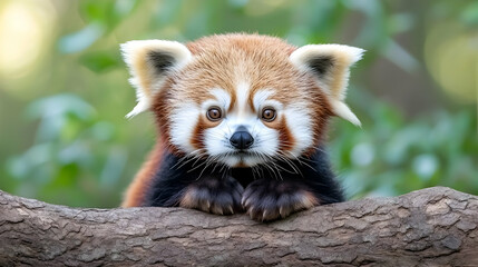 Red panda cub peering from a branch, zoo background, wildlife conservation