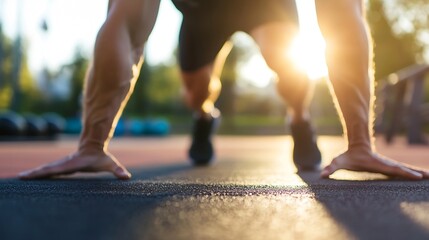Dynamic closeup of athlete performing push up on track during sunset workout session : Generative AI