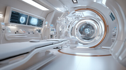 Futuristic white MRI scanner in high-tech medical laboratory with glowing interface