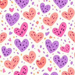 Fototapeta premium A playful pattern featuring colorful hearts in various shades, surrounded by whimsical dots, perfect for romantic or cheerful designs.