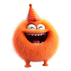 A Fluffy 3D Cartoon Character Wearing a Party Hat Isolated on Transparent Background
