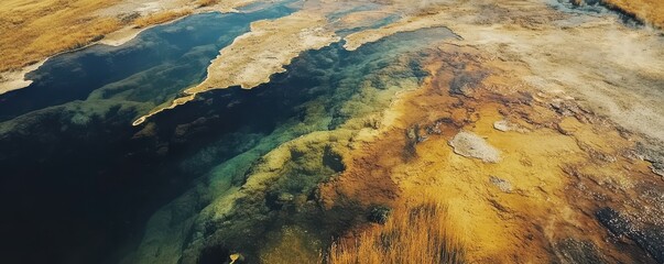 Aerial view of vibrant geothermal hot spring with colorful mineral deposits