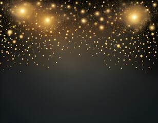 Gold glittering confetti wave and stardust. Backdrop with golden magical sparkles on dark background.