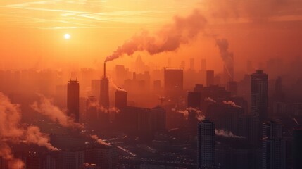 Fototapeta premium City skyline covered by air pollution with industrial smoke and environmental damage.