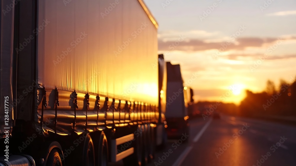 Poster trucks lined up on the highway during sunset with a warm golden glow in the background : generative 