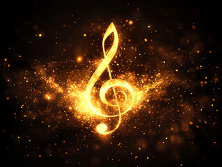 A musical note made of thin gold wire on a dark background, play of light, elegant minimalism, harmony.