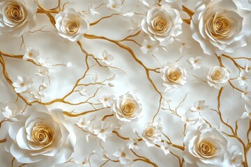 Elegant white paper roses gold branches wall decor