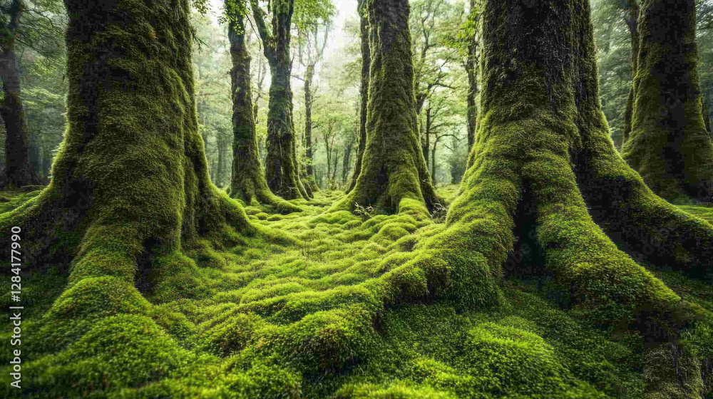 Poster sunlight filters through the dense tree canopy, illuminating a lush carpet of vibrant moss that blan