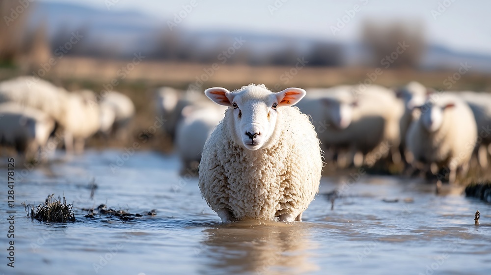 Poster curious sheep standing in water surrounded by pastoral scenery with grazing flock : generative ai
