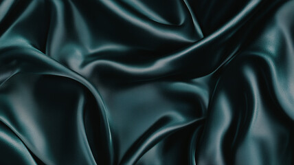 Fototapeta premium A macro shot of dark teal green satin fabric, its silky surface reflecting light to create subtle highlights and deep shadows. The rich color and flowing folds evoke a sense of luxury and elegance (1)