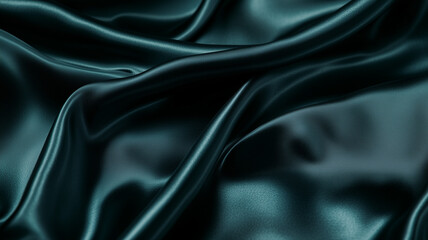 Fototapeta premium A macro shot of dark teal green satin fabric, its silky surface reflecting light to create subtle highlights and deep shadows. The rich color and flowing folds evoke a sense of luxury and elegance (1)