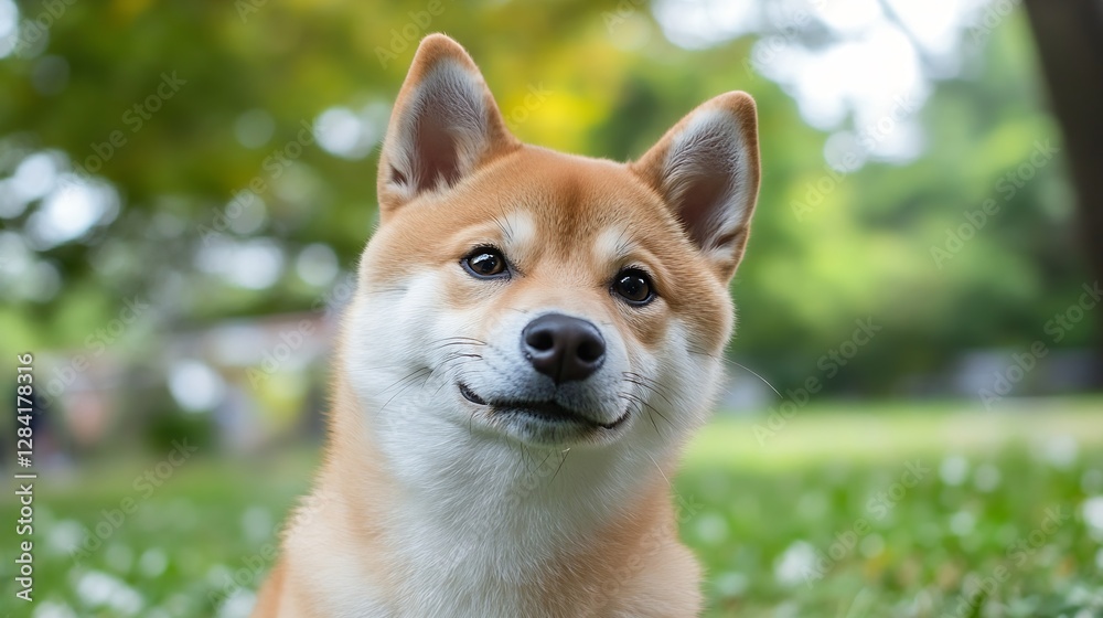 Aufkleber Adorable Shiba Inu dog portrait with a charming expression in a lush green park during summer : Generative AI