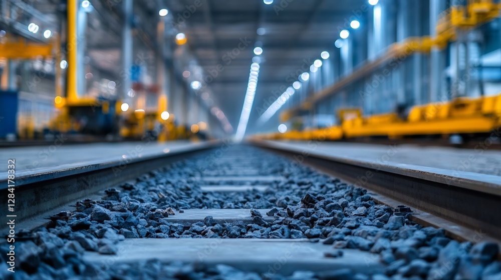 Aufkleber industrial scene showing a railway track in a spacious manufacturing hall with warm ambient lighting