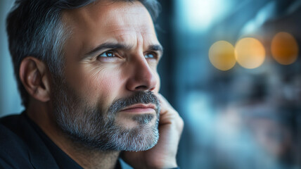A middle-aged businessman gazing into the distance, deep in thought, with a contemplative expression, captured in a realistic stock photography style (1)