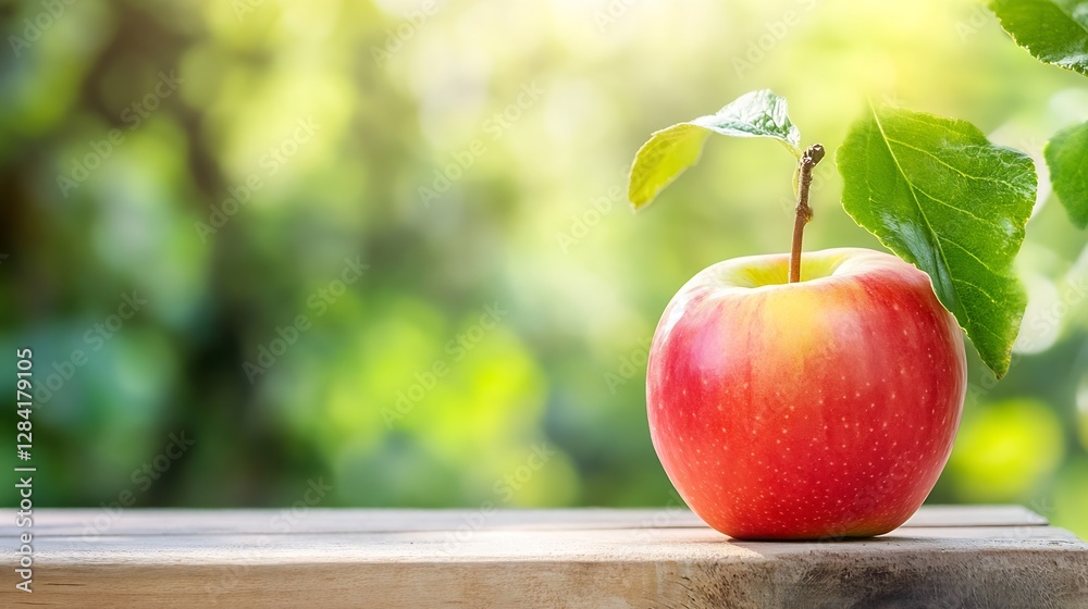 Aufkleber fresh and juicy red apple with a leaf on a wooden surface surrounded by greenery : generative ai