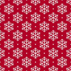 Snowflake seamless pattern. Repeating snowflakes patterns. Winter design for prints. Repeated white snow flake isolated on red background. Geometric crystal. Repeat freeze star. Vector illustration