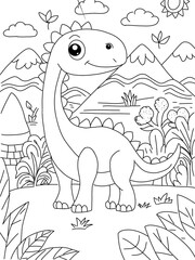 the smile dinosaur with a mountain background, coloring pages