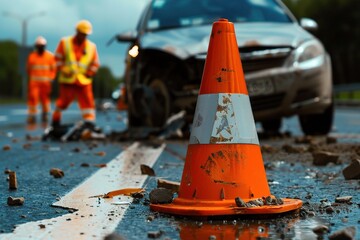 An orange traffic cone foregrounds a car accident scene, with emergency responders in reflective gear attending to the situation in the background. emergency response