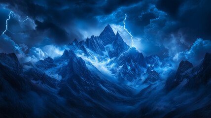 A mountain range under a midnight storm. Dark blue and black clouds swirl as lightning zigzags across the peaks. A moment of natural drama frozen in time (2)