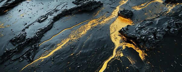 Fototapeta premium Molten lava flowing over dark volcanic rock surface