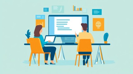 Office Scene Featuring Two People Working at Desk with Computer and Tablet