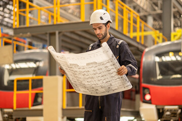 Concept architects, Locomotive engineer working with tablet and documents on construction site. Sky train in maintenance area. 2-Direction Guideway Beams, Propose Rail Level, transportation concept.