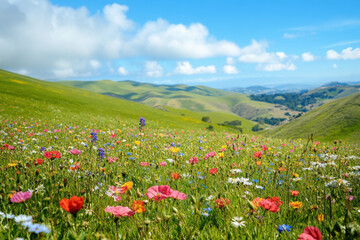 Fototapeta premium Rolling green hills with wildflowers under a clear blue sky