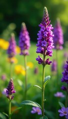 Obraz premium Purple prairie verbena growing in a garden with other plants, nature, flowers