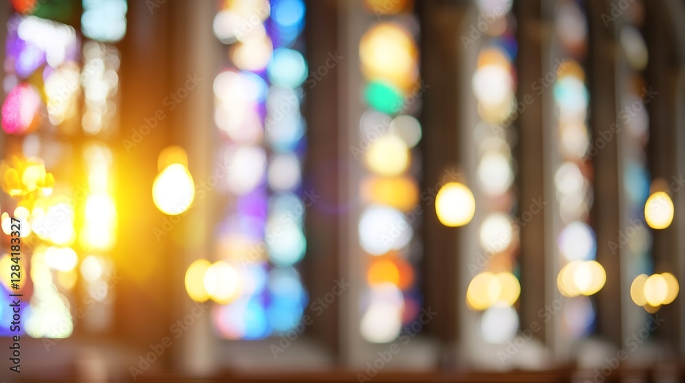 Aufkleber stunning abstract view of colorful stained glass windows illuminated by warm sunlight in a church : 