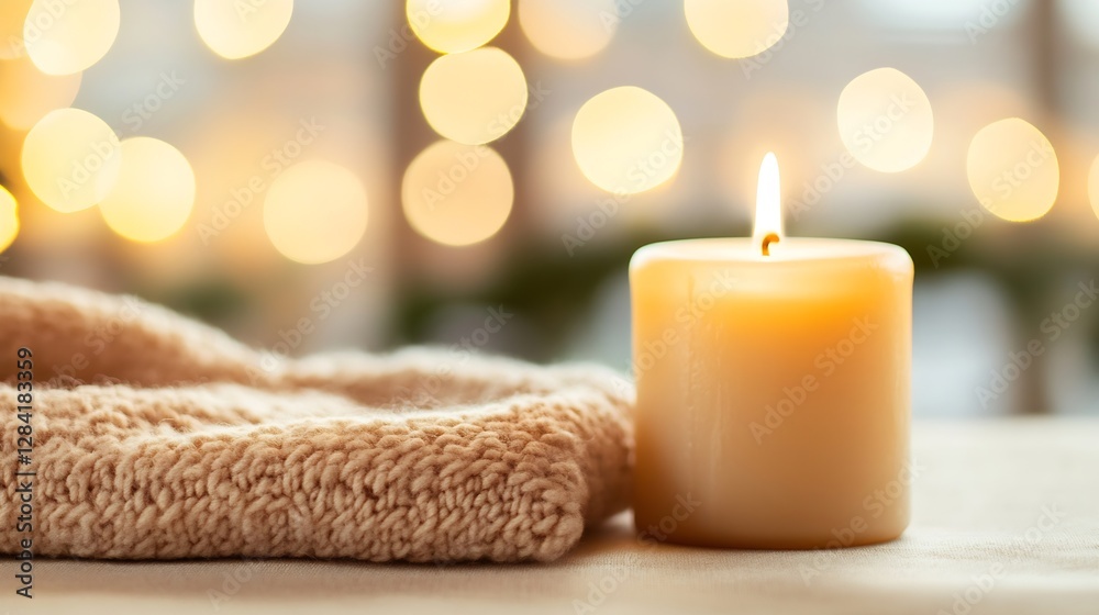 Aufkleber Tranquil setting featuring a lit candle next to a soft cozy knitted fabric with a blurred background : Generative AI