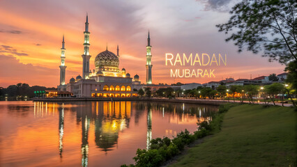 Naklejka premium Ramadan Mubarak – Majestic Mosque at Sunset with Reflection on Water. Ramadan Mubarak 2025 (Ai generated)