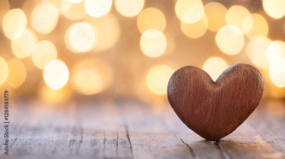 Poster Wooden heart figurine placed on rustic table with warm bokeh lights in background : Generative AI