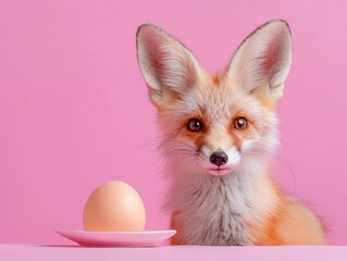 Obraz premium A fennec fox standing beside a glowing Easter egg placed near a steaming plate of lamb